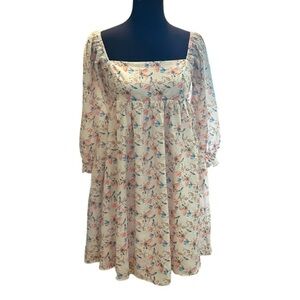 NWT RJ Boutique Sweet Lemon Ivory Floral Print Peasant Sleeve Mini Dress Small